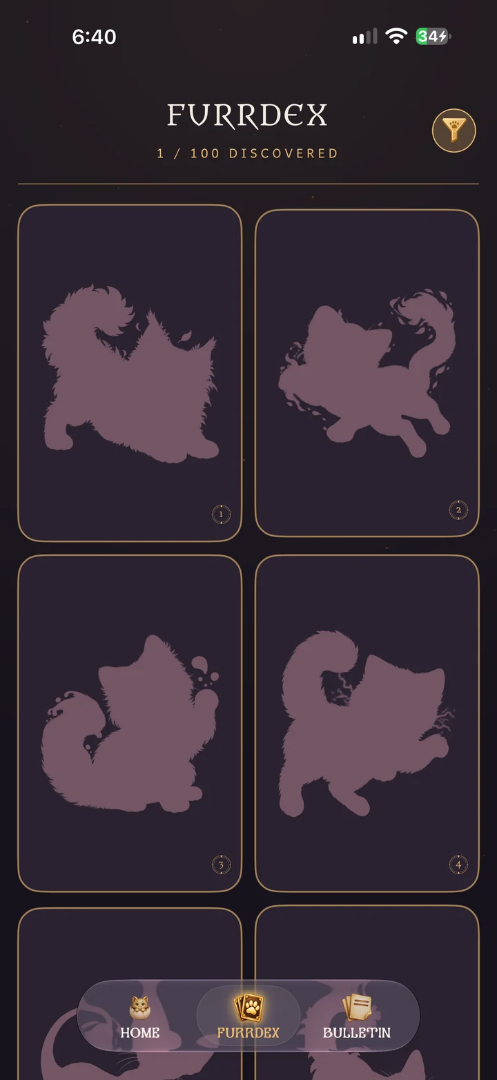 Actual Furrdex with a discovered cat and locked silhouettes.
