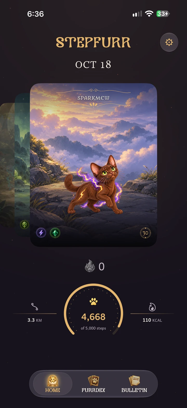 Actual StepFurr Home with a Sparkmew card and the daily step meter.