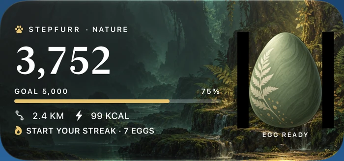 Actual medium StepFurr widget with activity readings and a Nature egg.